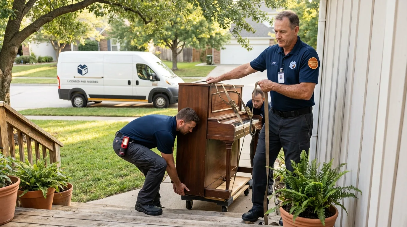 Licensed piano movers securing grand piano in Harrison, AR
