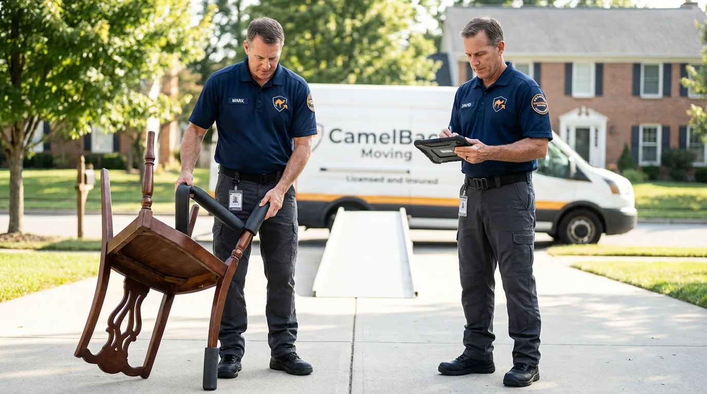 Movers inspecting furniture for damage prevention before loading in Harrison, AR